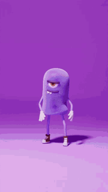 a purple cartoon character with one eye and arms and legs