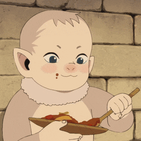 a cartoon baby is holding a plate of food and a spoon
