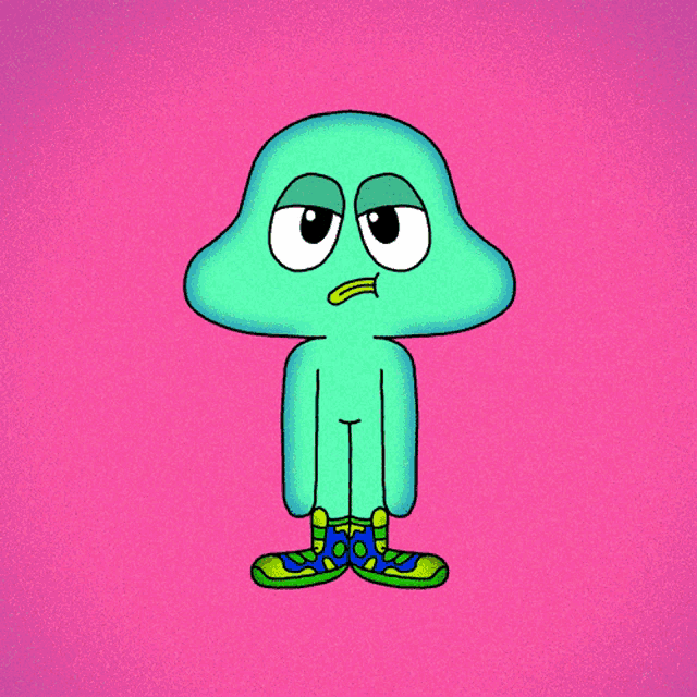 a cartoon character with a tongue sticking out and a purple background