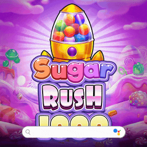 an advertisement for sugar rush 1000 with a rocket filled with candy