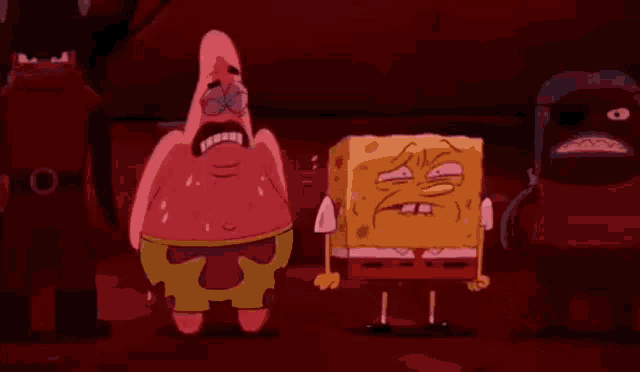 a cartoon of spongebob and patrick standing next to each other with spongebob crying