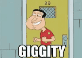a cartoon of a man standing in front of a door with the word giggity written on it