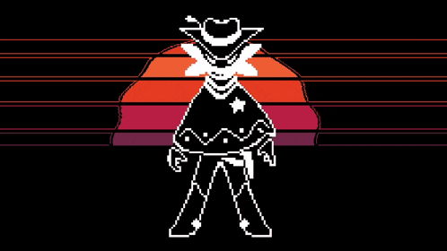 a pixel art of a cowboy standing in front of a colorful sunset .