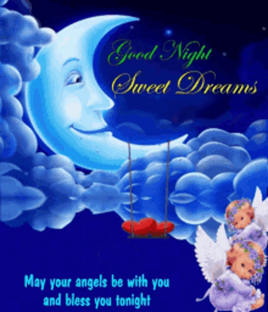 a good night sweet dreams card with a crescent moon