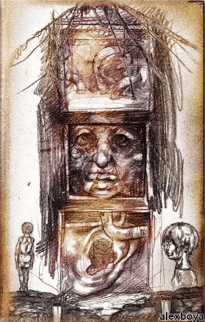 a drawing of a man 's face with alexboya written on the bottom