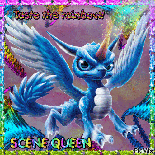 a picture of a blue dragon with the caption taste the rainbow