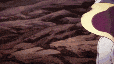 a person in a purple and white costume is standing in a rocky area .