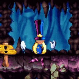 a pixel art of a cartoon character in a cave
