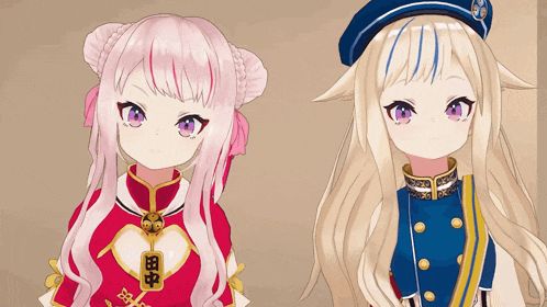 two anime girls are standing next to each other with one wearing a red dress and the other wearing a blue hat