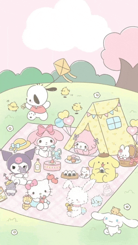a group of cartoon characters are having a picnic in the park