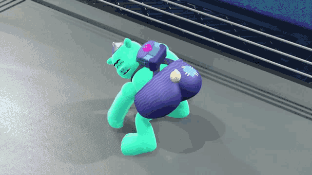 a teddy bear with a purple bag on its back is crawling on the floor