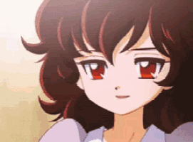 a close up of a girl with red eyes and brown hair