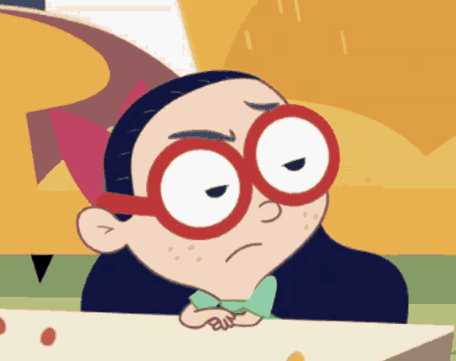 a cartoon character with glasses and a bow tie looks sad