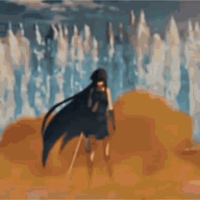 a blurry picture of a person holding a sword and a cape .