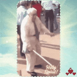 a picture of an elderly man with a cane and the words holy spirit