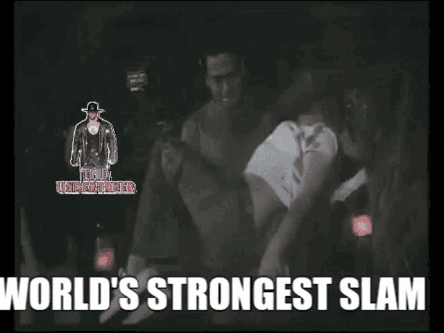 a man is holding another man in his arms with the words world 's strongest slam written below him