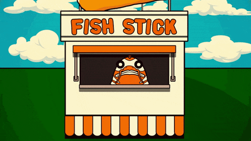 an illustration of a fish stick stand with a fish stick looking out of the window