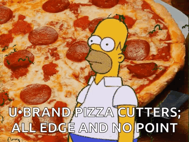 a picture of homer simpson standing in front of a pepperoni pizza