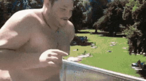 a shirtless man is standing on a balcony overlooking a lush green field .