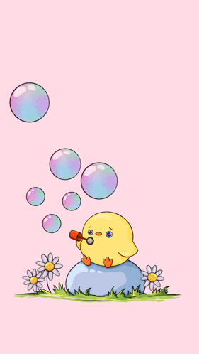 a yellow chick is blowing soap bubbles on a pink background