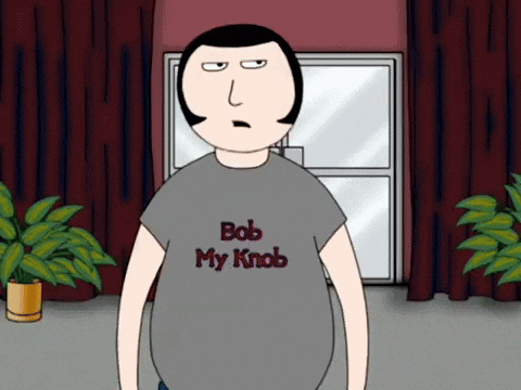a cartoon character wearing a bob my knob t shirt
