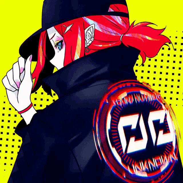 a girl with red hair is wearing a jacket that says cc