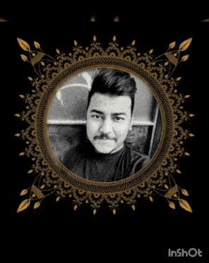 a black and white photo of a man in a gold frame with the words inshot at the bottom