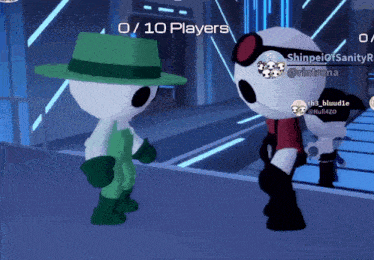 two cartoon characters standing next to each other with a score of 0 / 10