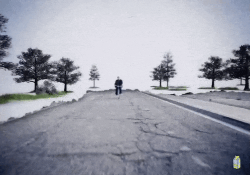 a man is walking down a road with trees on the side