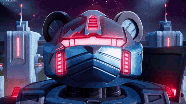 a blue robot with red lights on its face