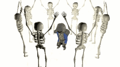 a group of skeletons are dancing in a circle around a woman .