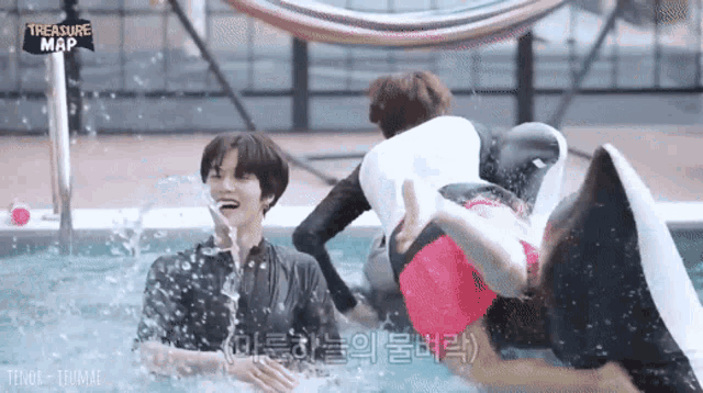 a group of people are playing in a swimming pool with the words treasure map on the top
