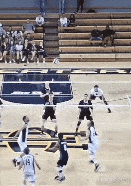 a volleyball game is being played on a court with the letters ucsd on the wall