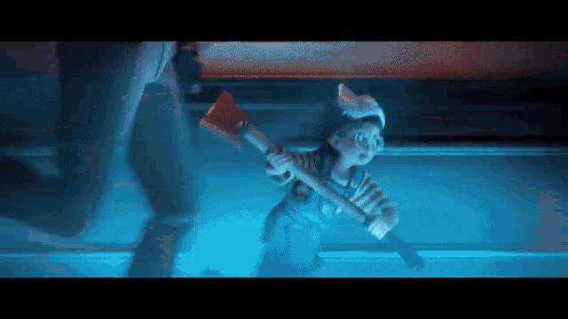 a cartoon character is holding an axe in a blue room