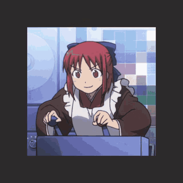 a girl with red hair is wearing a maid apron