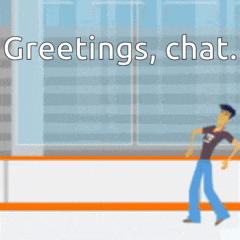 a cartoon of a man walking on an ice rink with greetings chat written above him
