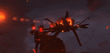 a dragon is flying through the air in front of a large fire