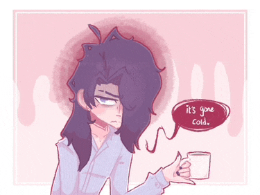 a drawing of a girl holding a cup with a speech bubble that says it 's gone cold