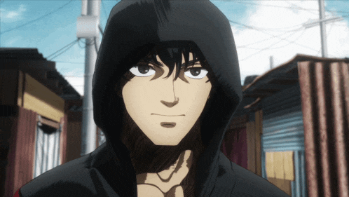 a cartoon character wearing a hooded jacket looks at the camera