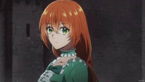 a girl with red hair and green eyes is pointing her finger at something