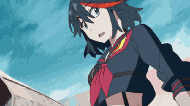 a girl in a school uniform is looking up at the sky