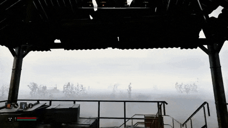 a video game is being played on a balcony overlooking a foggy forest .