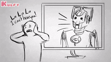 a drawing of a man covering his ears next to a robot that says kulfy
