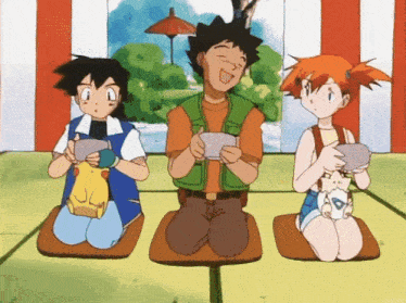 three cartoon characters are sitting on their knees and holding their hands up