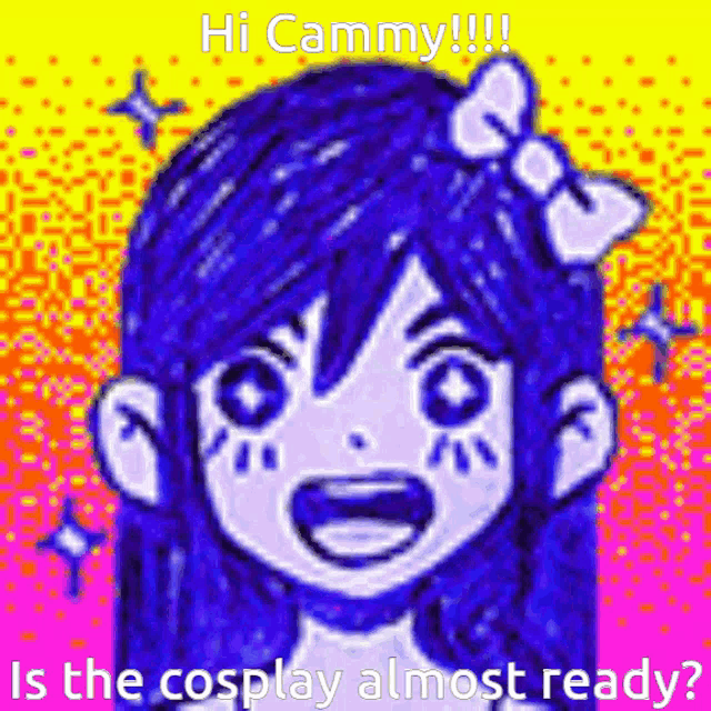 a cartoon girl with blue hair and a bow on her head is smiling and asking if the cosplay is almost ready .