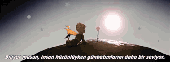 a cartoon of a boy sitting on top of a planet with a flower and a balloon