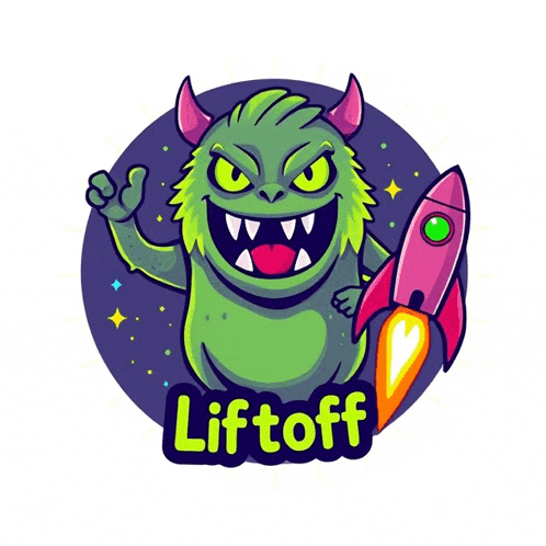 a green monster with horns is holding a pink rocket with the word liftoff on the bottom