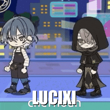 a couple of anime characters are standing next to each other with the word lucix written on the bottom