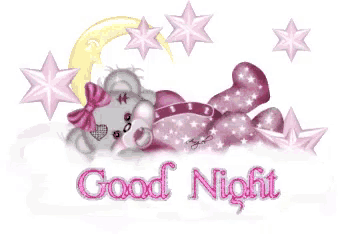 a teddy bear laying under a crescent moon with the words good night written below it