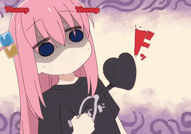 a girl with pink hair and a black shirt that says " thump " on it